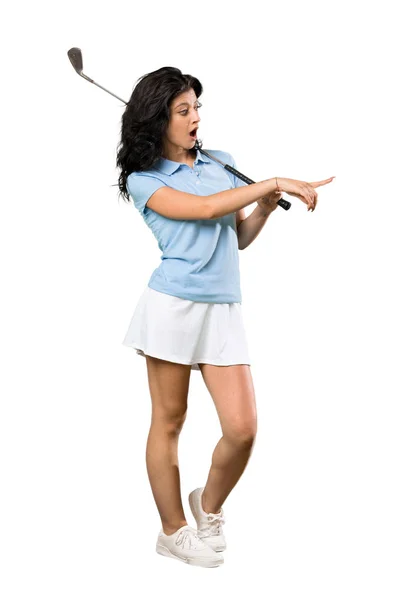 Full Length Shot Young Golfer Woman Surprised Pointing Side Isolated — Stock Photo, Image