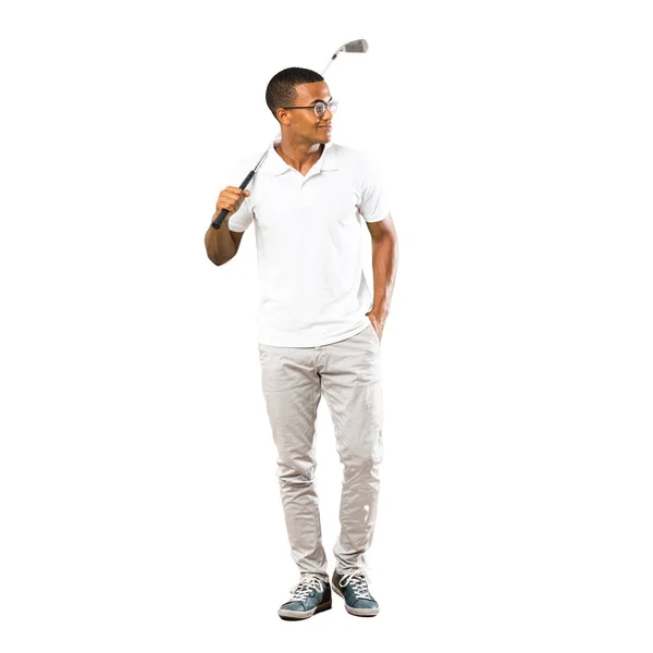 Full-length shot van Afro Amerikaanse golfer speler man over isoleren — Stockfoto