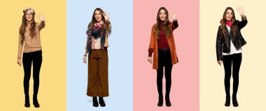 Mutlu ve parmakları ile dört sayma kadın seti