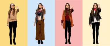 Mutlu ve parmakları ile üç sayma kadın seti