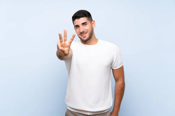 Caucásico Guapo Hombre Sobre Aislado Azul Fondo Feliz Contando Tres — Foto de Stock