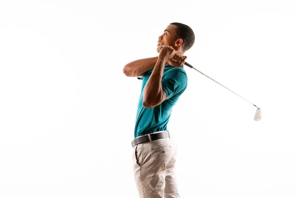 非洲裔美国高尔夫球手男子超过孤立的白人背景 — 图库照片