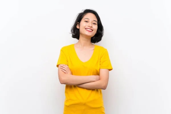 Asian Young Woman Isolated White Background Keeping Arms Crossed Frontal — Stock Photo, Image