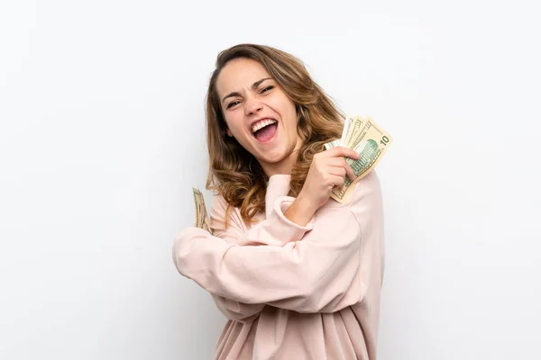 Wanita Pirang Muda Mengambil Banyak Uang — Stok Foto