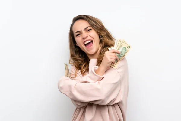 Joven Rubia Tomando Montón Dinero — Foto de Stock