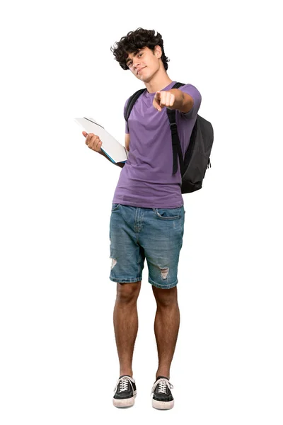 孤立した白い背景の上に自信を持って表情を浮かべる若い学生の男のフルレングスショット — ストック写真