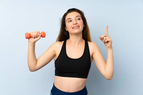 Young Sport Woman Weightlifting Isolated Blue Background Intending Realizes Solution — Stock Photo, Image