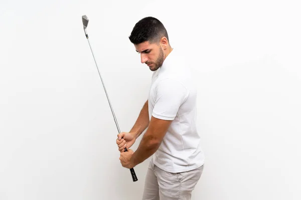 Csinos, fiatal golfozó játékos az ember több mint elszigetelt, fehér háttér — Stock Fotó