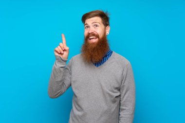 Kızıl saçlı, uzun sakallı, mavi arka planlı bir adam. Bir parmağını kaldırarak çözümü bulmayı umuyor.