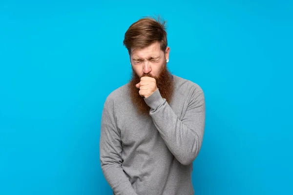 Redhead Man Long Beard Isolated Blue Background Suffering Cough Feeling — Stock Photo, Image