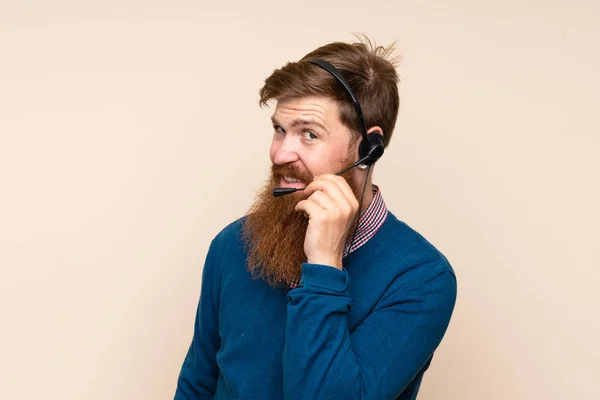 Redhead Man Long Beard Isolated Background Working Headset Looking Side — Stock Photo, Image
