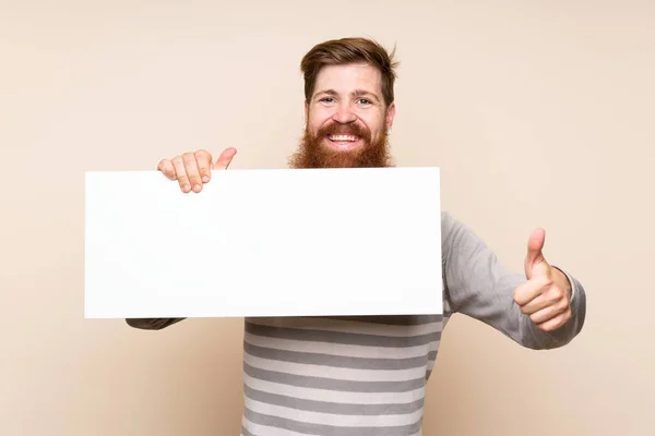 Redhead Man Long Beard Isolated Background Holding Empty White Placard — Stock Photo, Image