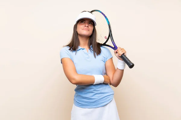 Young Woman Playing Tennis Isolated Background Looking While Smiling — Stock Photo, Image