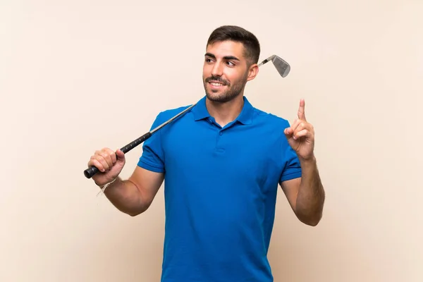 Ung Stilig Golfare Man Över Isolerad Bakgrund Med Avsikt Att — Stockfoto