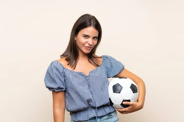 Młoda Dziewczyna Białym Tle Trzyma Piłkę Nożną — Zdjęcie stockowe