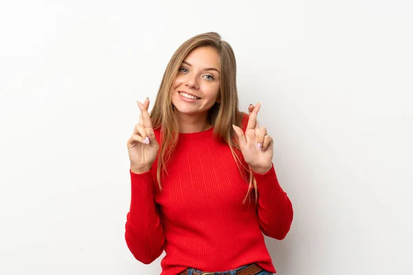 Jovem Loira Com Camisola Vermelha Sobre Fundo Branco Isolado Com — Fotografia de Stock