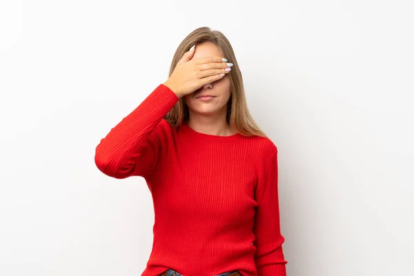 Young Blonde Woman Red Sweater Isolated White Background Covering Eyes — Stock Photo, Image