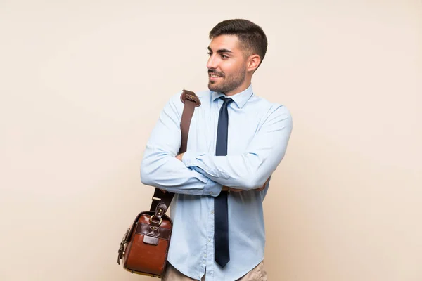 Jonge Zaak Met Baard Geïsoleerde Achtergrond Kijken Naar Zijkant — Stockfoto