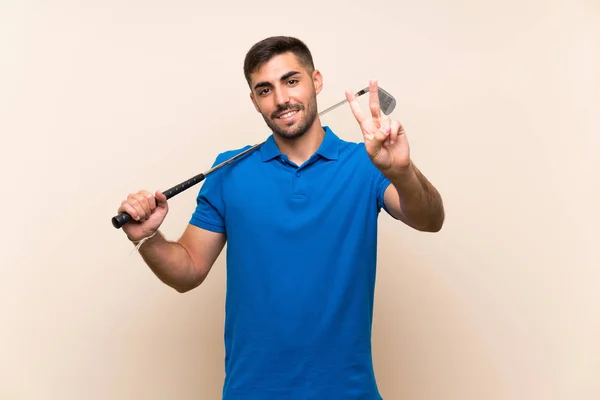 Joven Golfista Guapo Hombre Sobre Fondo Aislado Sonriendo Mostrando Signo —  Fotos de Stock