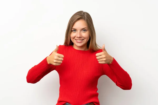 Young Blonde Woman Red Sweater Isolated White Background Giving Thumbs — Stock Photo, Image
