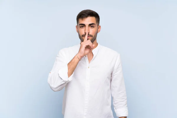 Handsome Man Beard Isolated Blue Background Showing Sign Silence Gesture — Stock Photo, Image