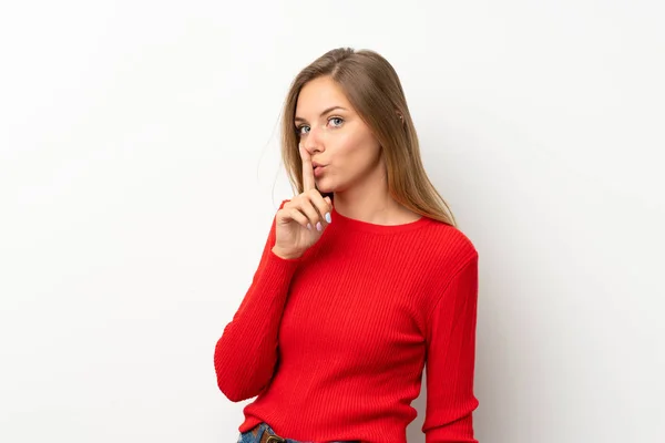 Young Blonde Woman Red Sweater Isolated White Background Doing Silence — Stock Photo, Image