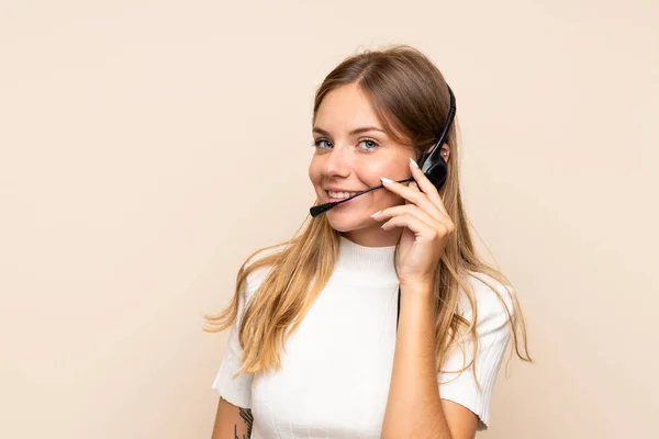 Young Blonde Woman Isolated Background Working Headset — Stock Photo, Image