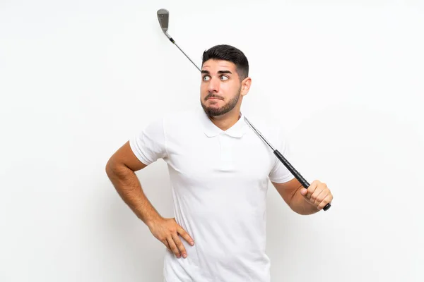 Guapo Joven Jugador Golf Hombre Sobre Fondo Blanco Aislado Haciendo — Foto de Stock