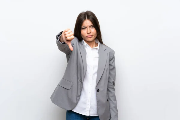 Młoda Kobieta Biznesu Odizolowanym Białym Tle Pokazuje Kciuk Dół Negatywnym — Zdjęcie stockowe