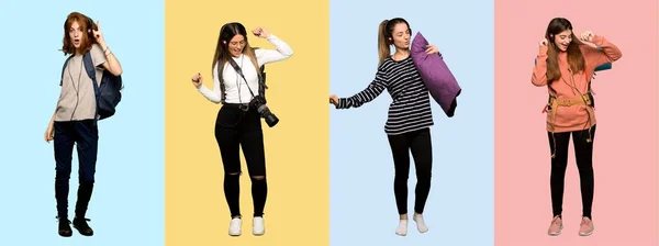 Seyahat Eden Kadınlar Fotoğrafçılar Öğrenciler Pijamalarıyla Müzik Dinleyip Dans Edenler — Stok fotoğraf