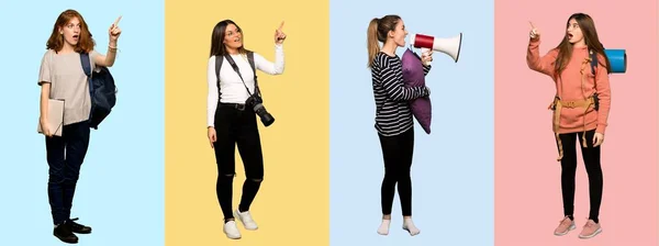 Set Travel Woman Photographer Student Pajamas Pointing Away — Stock Photo, Image