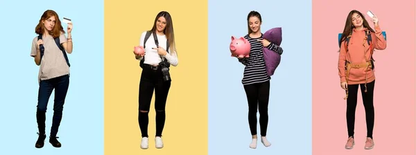 Набір Подорожі Жінки Фотографа Студента Піжамі Взяти Кредитну Картку Грошей — стокове фото