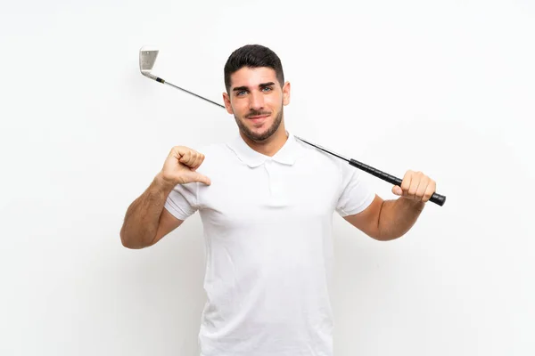 Guapo Joven Jugador Golf Hombre Sobre Fondo Blanco Aislado Orgulloso —  Fotos de Stock