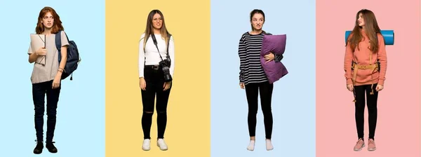 Set Viaggio Donna Fotografo Studente Pigiama Nervoso Spaventato Premendo Denti — Foto Stock