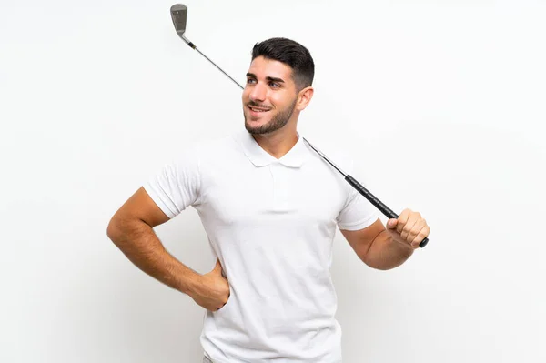 Guapo Joven Jugador Golf Hombre Sobre Fondo Blanco Aislado Mirando — Foto de Stock