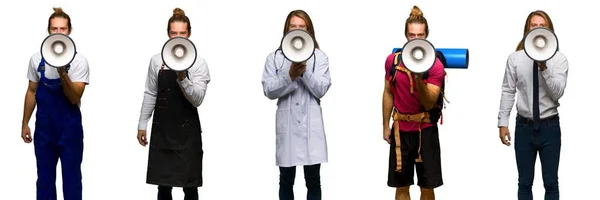 Conjunto Viajante Caminhante Médico Barbeiro Homem Negócios Gritando Através Megafone — Fotografia de Stock