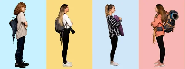 Set Van Reisvrouwen Fotografen Studenten Pyjama Laterale Positie — Stockfoto