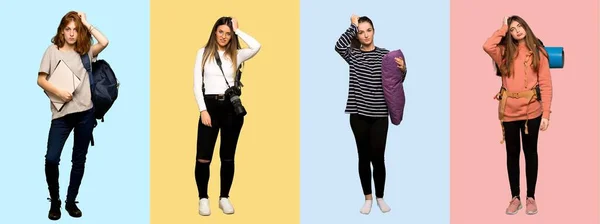 Conjunto Mujer Viajera Fotógrafa Estudiante Pijama Con Expresión Frustración Incomprensión —  Fotos de Stock