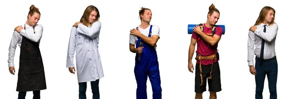 Gruppe Von Reisenden Wanderern Ärzten Friseuren Und Geschäftsleuten Die Schulterschmerzen — Stockfoto