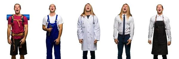 Bir Grup Gezgin Yürüyüşçü Doktor Berber Adamı Ağızları Açık Bağırıyor — Stok fotoğraf