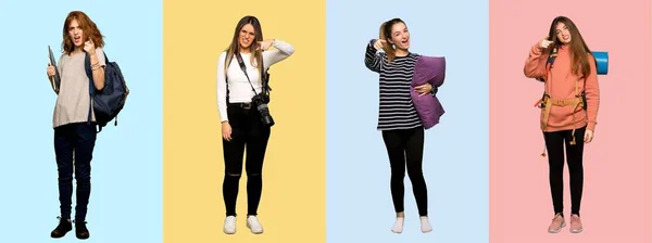 Reisegruppe Frau Fotografin Studentin Und Schlafanzug Frustriert Über Eine Schlimme — Stockfoto