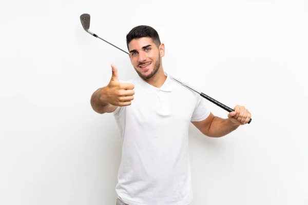 Snygg Ung Golfare Spelare Man Över Isolerad Vit Bakgrund Med — Stockfoto