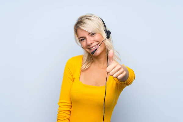 Young Blonde Woman Isolated Background Working Headset Thumb — Stock Photo, Image