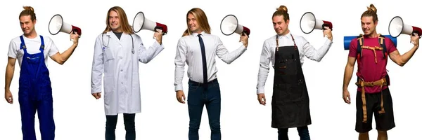 Set Traveler Hiker Doctor Barber Business Man Taking Megaphone Makes — Stock Photo, Image