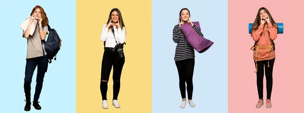 Conjunto Mulher Viagem Fotógrafo Estudante Pijama Sorrindo Com Uma Expressão — Fotografia de Stock