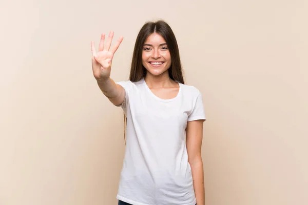 Tecrit Edilmiş Güzel Bir Genç Kız Mutlu Parmakları Olan Dört — Stok fotoğraf