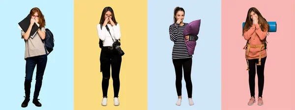 Zestaw Kobiet Podróżujących Fotograf Student Piżamie Uśmiechając Się Dużo Podczas — Zdjęcie stockowe