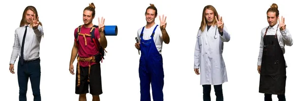 Set Traveler Hiker Doctor Barber Business Man Happy Counting Three — Stock Photo, Image