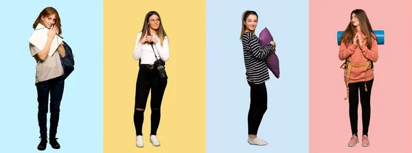 Conjunto Mulher Viagem Fotógrafo Estudante Pijama Planejando Algo — Fotografia de Stock