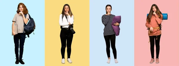 Набор Путешествующей Женщины Фотографа Студента Пижаме Показывающий Знак Молчания Жест — стоковое фото